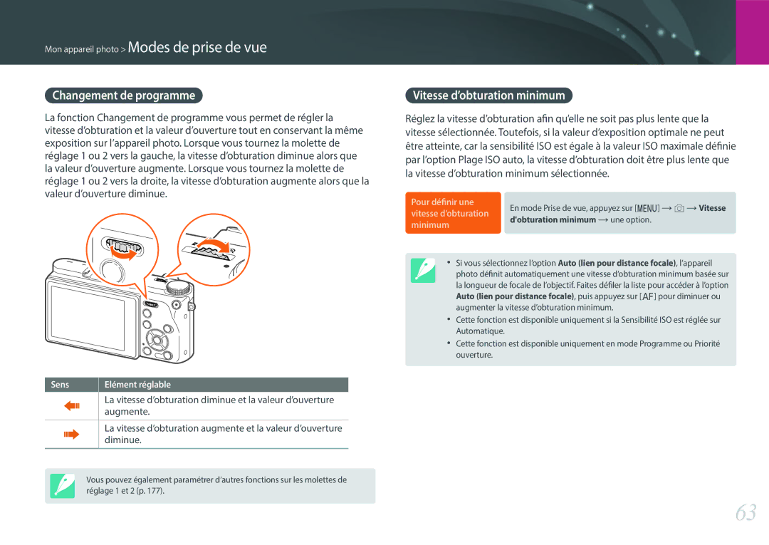Samsung EV-NX500ZBMIFR, EV-NX500ZBMHFR manual Changement de programme, Vitesse d’obturation minimum 