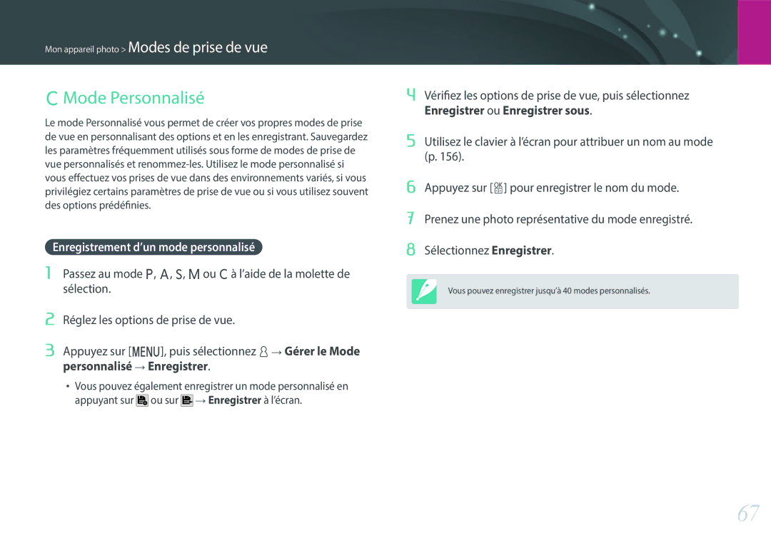 Samsung EV-NX500ZBMIFR, EV-NX500ZBMHFR manual Mode Personnalisé, Enregistrement d’un mode personnalisé 