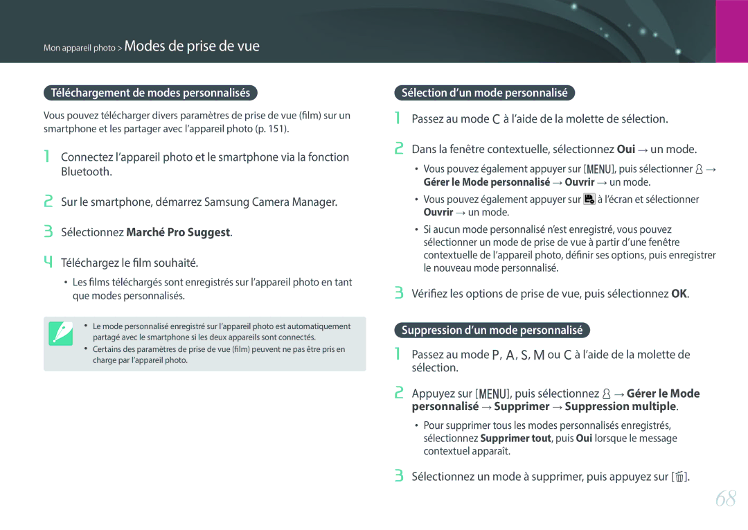 Samsung EV-NX500ZBMHFR, EV-NX500ZBMIFR manual Téléchargement de modes personnalisés, Sélection d’un mode personnalisé 