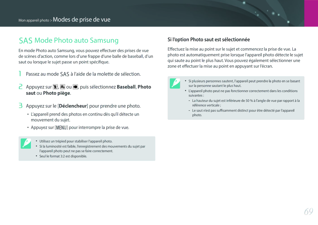 Samsung EV-NX500ZBMIFR, EV-NX500ZBMHFR manual Mode Photo auto Samsung, Si l’option Photo saut est sélectionnée 