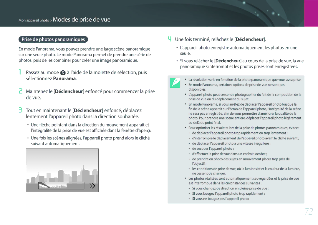 Samsung EV-NX500ZBMHFR, EV-NX500ZBMIFR manual Prise de photos panoramiques, Une fois terminé, relâchez le Déclencheur 
