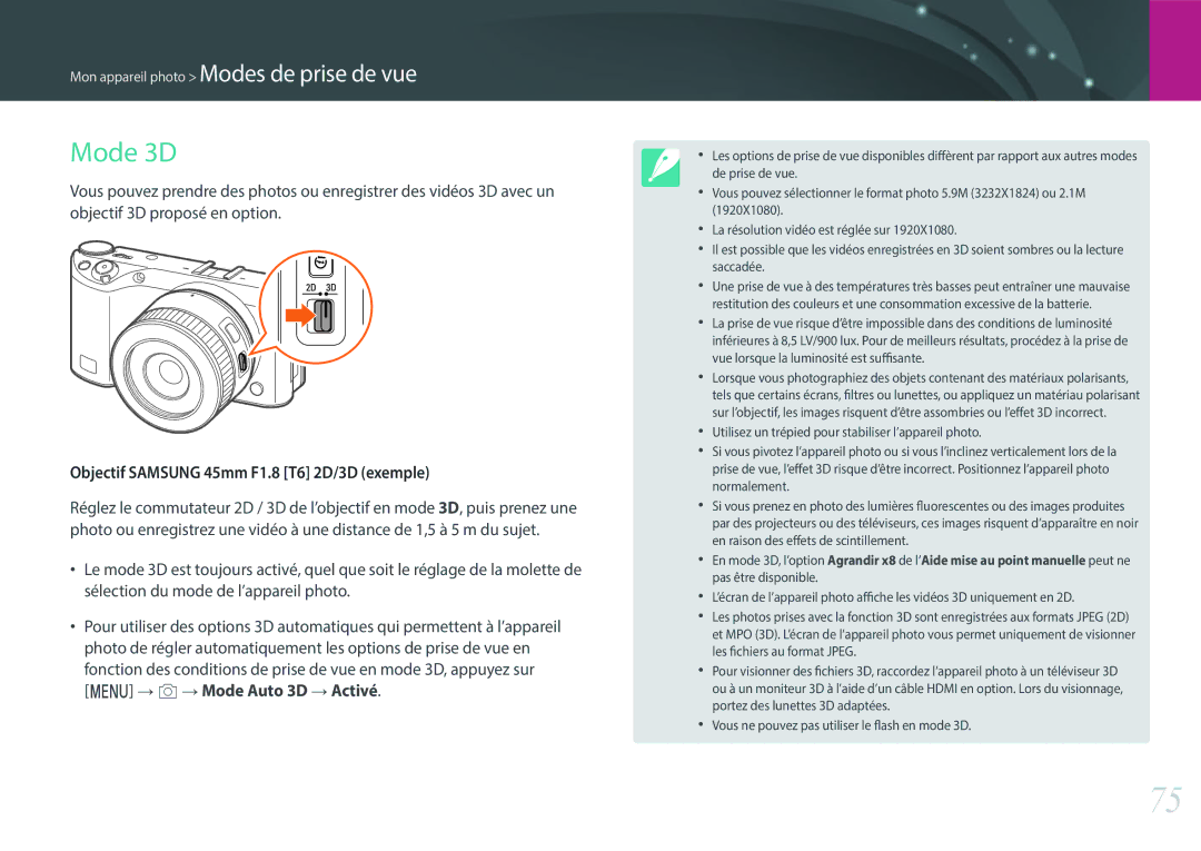 Samsung EV-NX500ZBMIFR, EV-NX500ZBMHFR manual Mode 3D, Objectif Samsung 45mm F1.8 T6 2D/3D exemple 