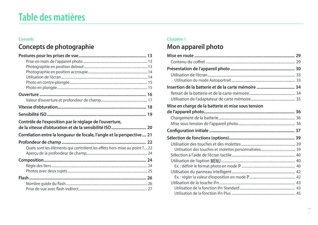 Samsung EV-NX500ZBMIFR, EV-NX500ZBMHFR manual Table des matières, Concepts de photographie 