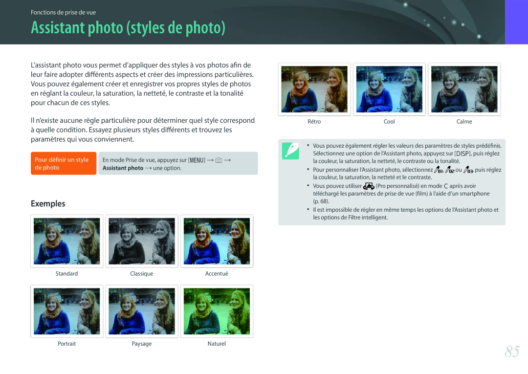Samsung EV-NX500ZBMIFR, EV-NX500ZBMHFR manual Assistant photo styles de photo 