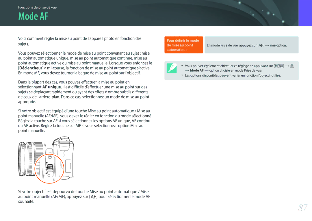 Samsung EV-NX500ZBMIFR, EV-NX500ZBMHFR manual Mode AF, Automatique 