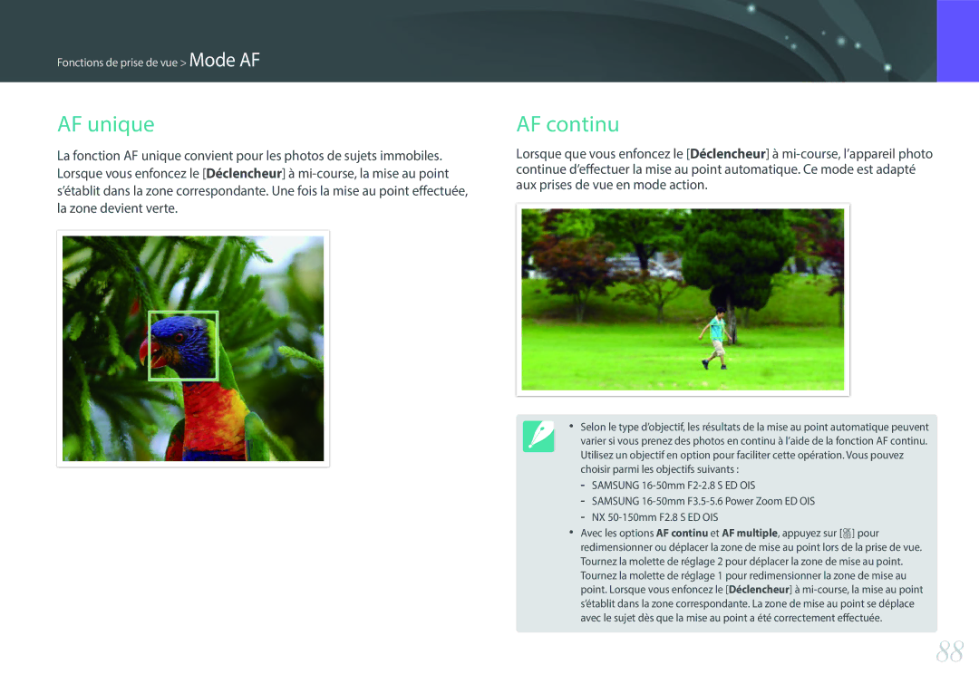 Samsung EV-NX500ZBMHFR, EV-NX500ZBMIFR manual AF unique, AF continu 