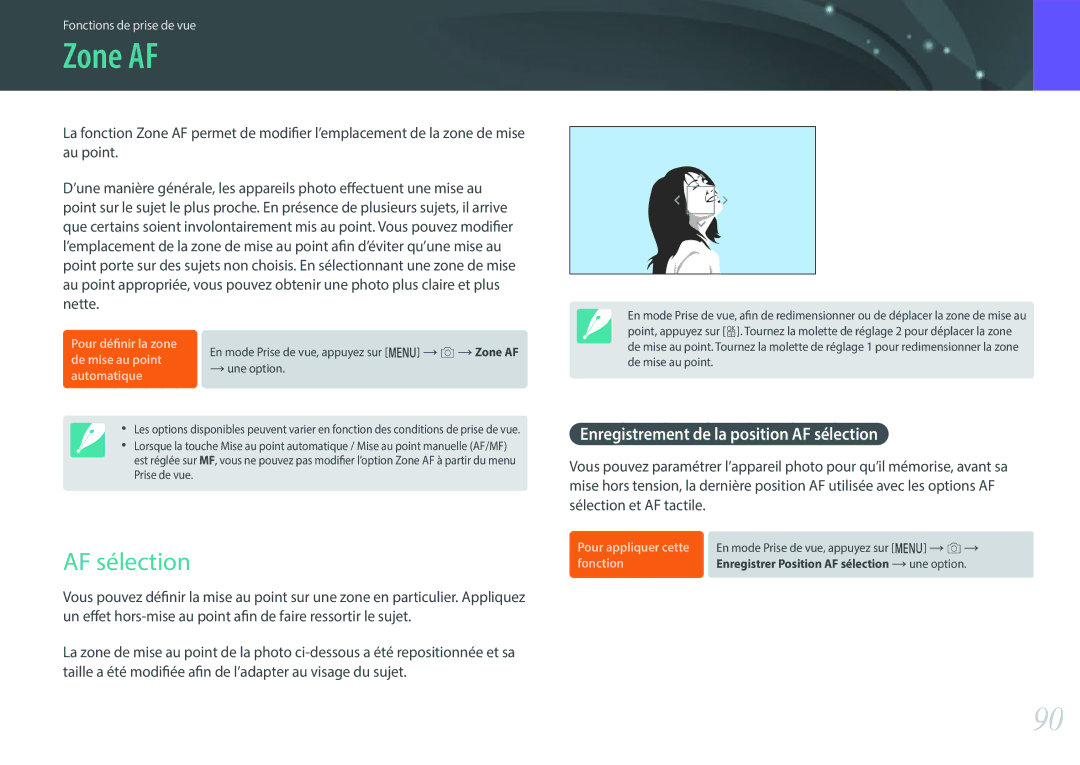 Samsung EV-NX500ZBMHFR, EV-NX500ZBMIFR manual Zone AF, Enregistrement de la position AF sélection 