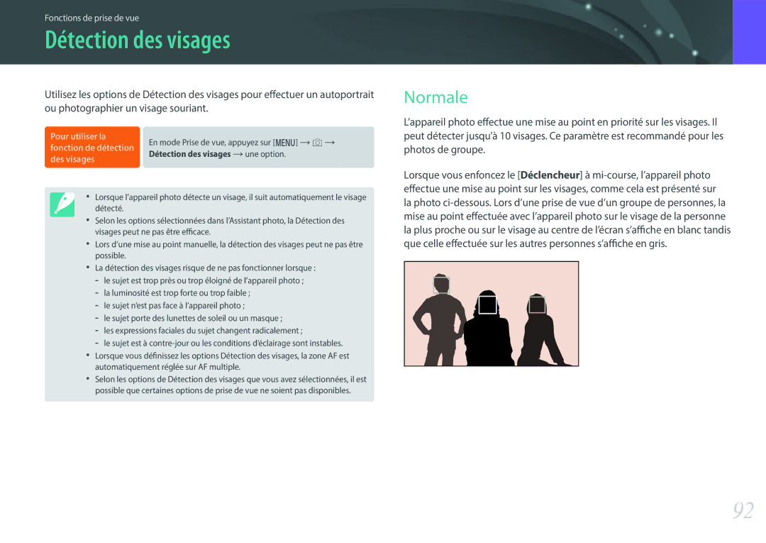Samsung EV-NX500ZBMHFR, EV-NX500ZBMIFR manual Détection des visages, Normale 
