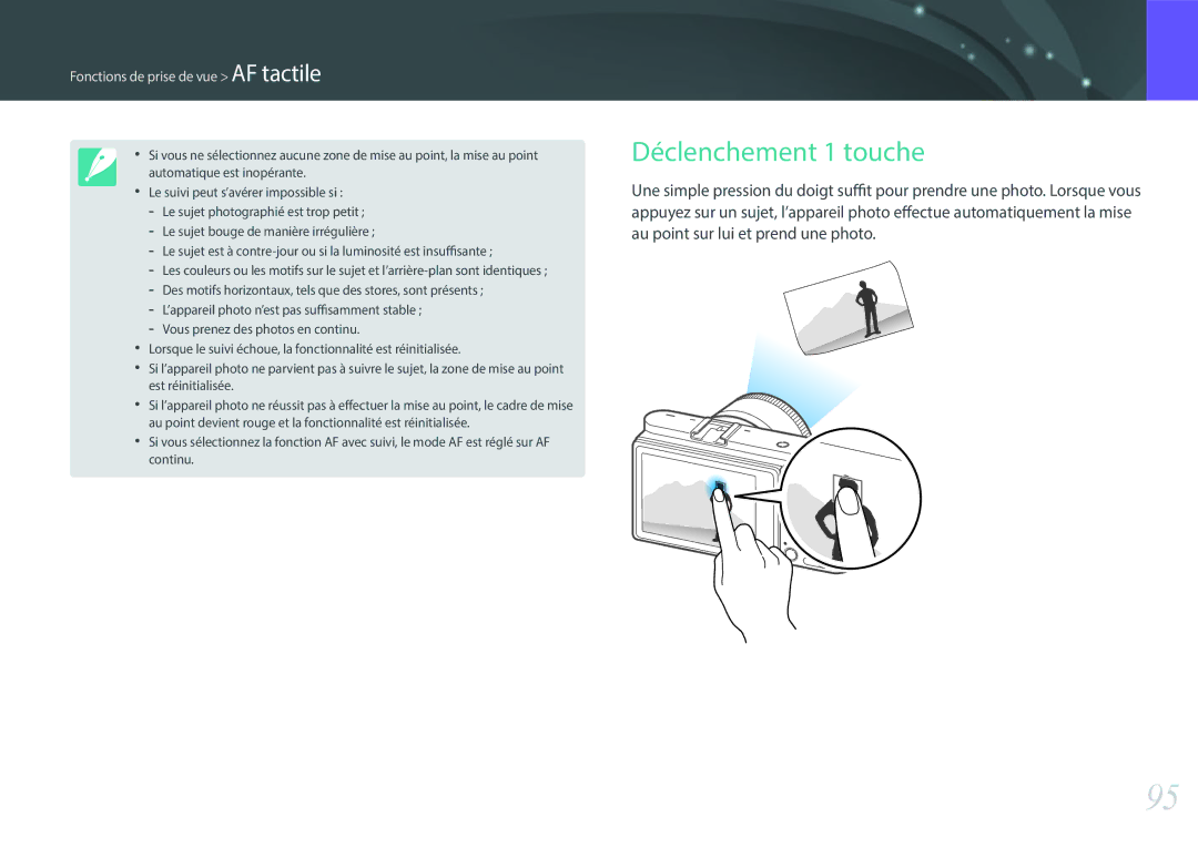 Samsung EV-NX500ZBMIFR, EV-NX500ZBMHFR manual Déclenchement 1 touche, Fonctions de prise de vue AF tactile 