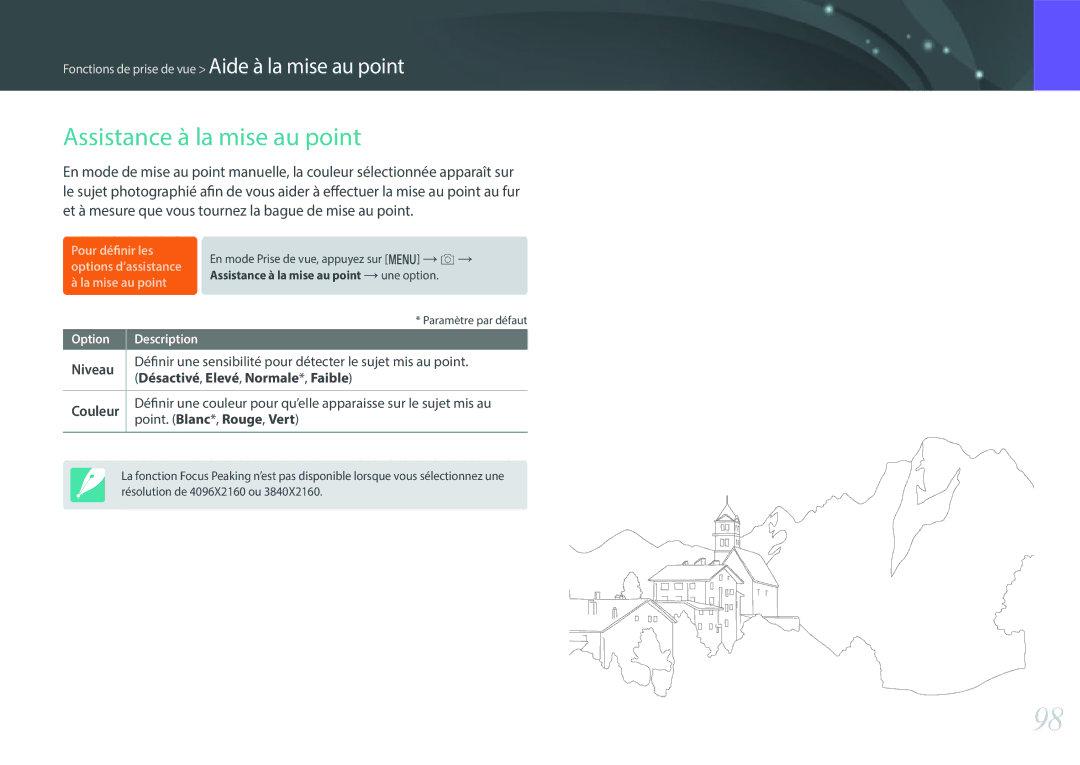 Samsung EV-NX500ZBMHFR Assistance à la mise au point, Niveau, Définir Une sensibilité pour détecter le sujet mis au point 