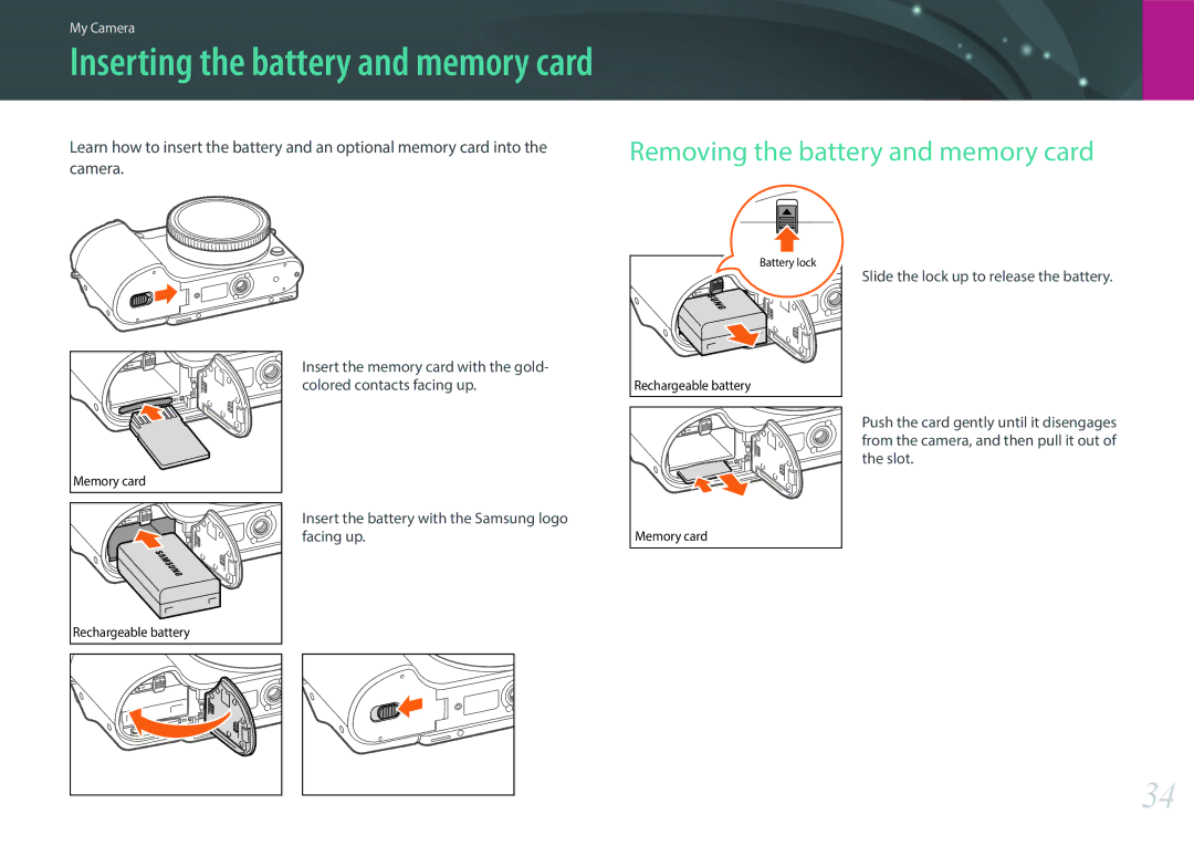 Samsung EV-NX500ZBMHSA, EV-NX500ZBMIFR manual Inserting the battery and memory card, Removing the battery and memory card 