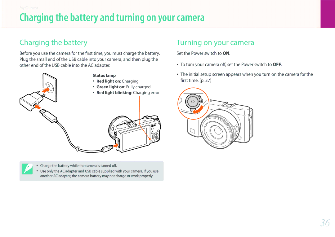 Samsung EV-NX500ZBMJSA, EV-NX500ZBMIFR manual Charging the battery and turning on your camera, Turning on your camera 