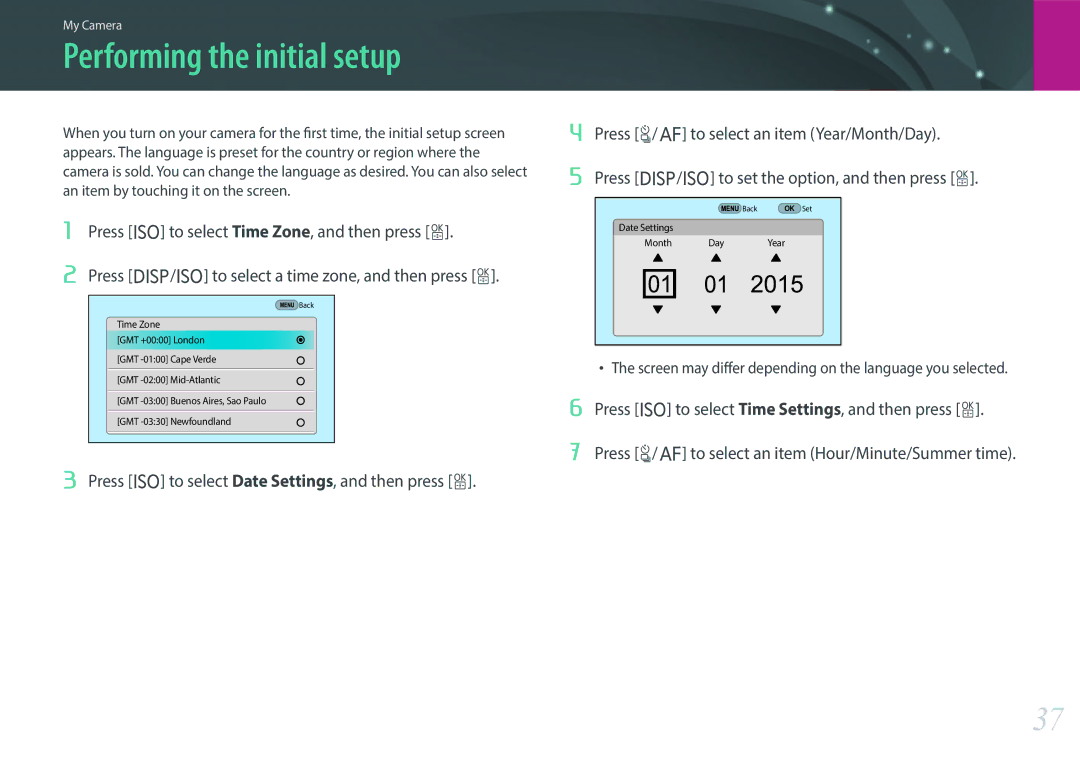 Samsung EV-NX500ZBMIVN, EV-NX500ZBMIFR, EV-NX500ZBNIDE, EV-NX500ZBMJDE, EV-NX500ZBMIDE manual Performing the initial setup 