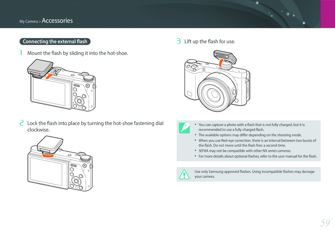 Samsung EV-NX500ZBMHSA, EV-NX500ZBMIFR, EV-NX500ZBNIDE, EV-NX500ZBMJDE, EV-NX500ZBMIDE manual Connecting the external flash 