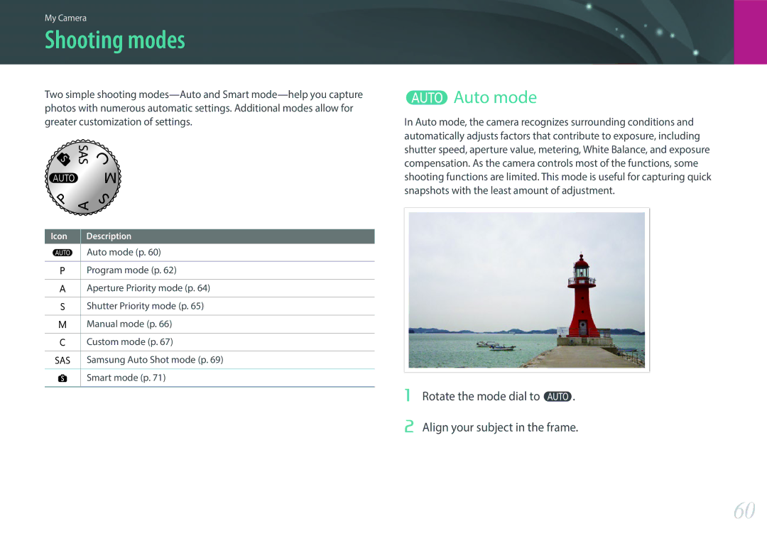 Samsung EV-NX500ZBMISA manual Shooting modes, Auto mode, Rotate the mode dial to t Align your subject in the frame 