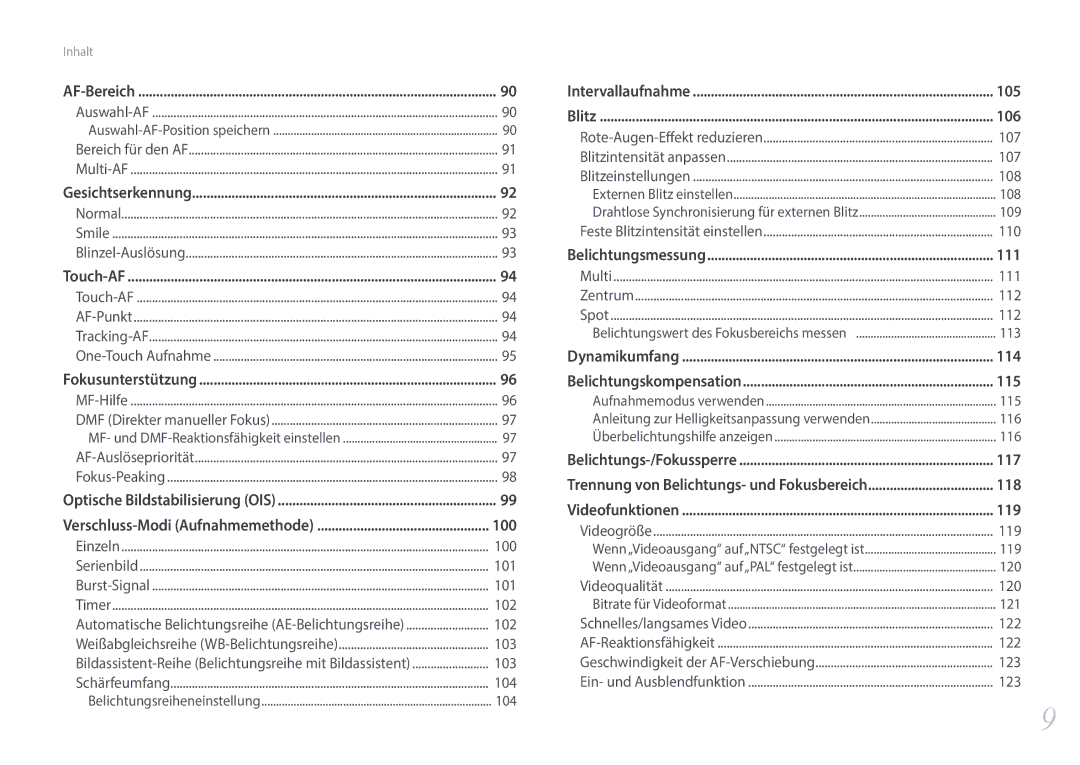 Samsung EV-NX500ZBMIDE manual 100, 101, 102, 103, 104, 107, 108, 109, 110, 111, 112, 113, 115, 116, 119, 120, 121, 122, 123 