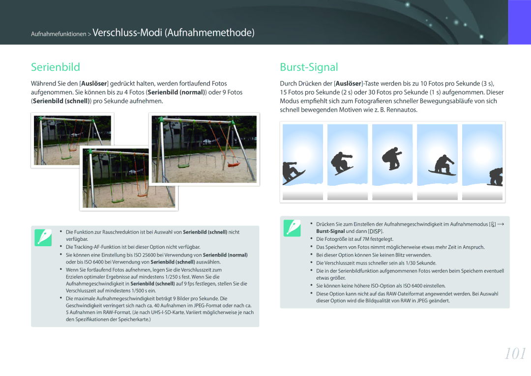 Samsung EV-NX500ZBMHDE, EV-NX500ZBMIFR, EV-NX500ZBNIDE, EV-NX500ZBMJDE, EV-NX500ZBMIDE manual 101, Serienbild, Burst-Signal 