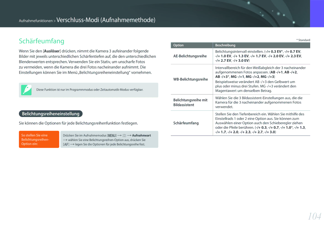 Samsung EV-NX500ZBMIFR, EV-NX500ZBNIDE, EV-NX500ZBMJDE, EV-NX500ZBMIDE manual 104, Schärfeumfang, Belichtungsreiheneinstellung 