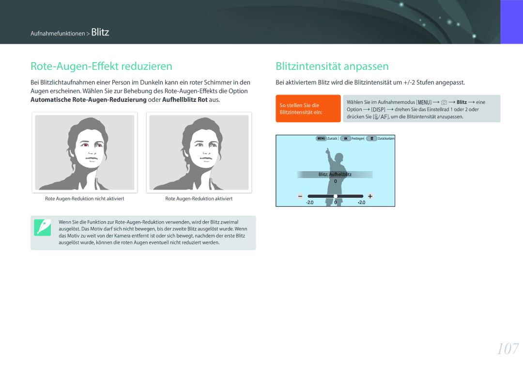Samsung EV-NX500ZBMIDE, EV-NX500ZBMIFR, EV-NX500ZBNIDE manual 107, Rote-Augen-Effekt reduzieren, Blitzintensität anpassen 