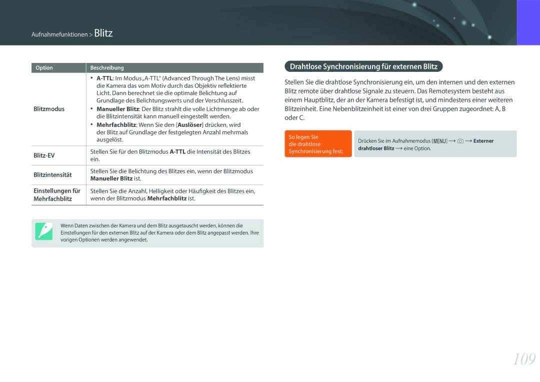 Samsung EV-NX500ZBMICH, EV-NX500ZBMIFR, EV-NX500ZBNIDE, EV-NX500ZBMJDE 109, Drahtlose Synchronisierung für externen Blitz 