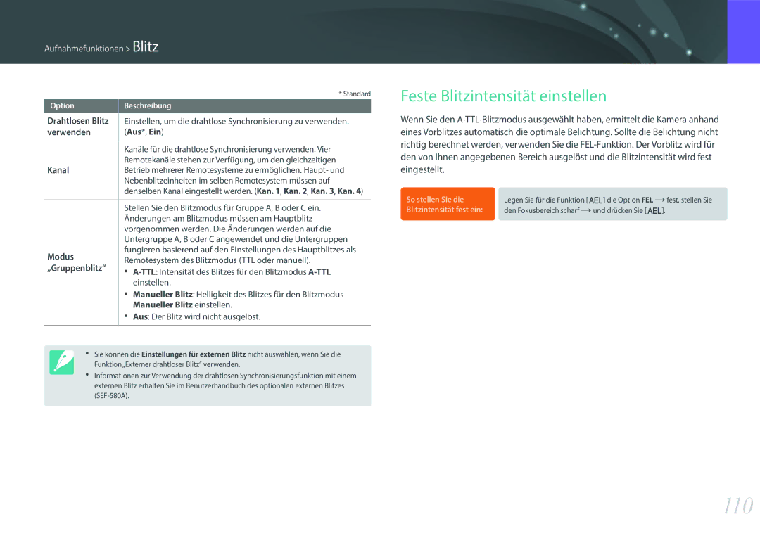 Samsung EV-NX500ZBMHFR, EV-NX500ZBMIFR, EV-NX500ZBNIDE, EV-NX500ZBMJDE, EV-NX500ZBMIDE 110, Feste Blitzintensität einstellen 