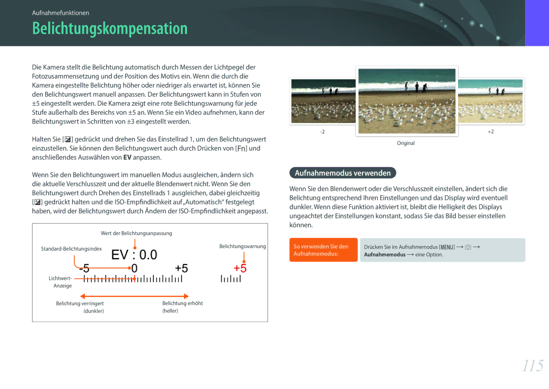 Samsung EV-NX500ZBMHDE, EV-NX500ZBMIFR, EV-NX500ZBNIDE, EV-NX500ZBMJDE Belichtungskompensation, 115, Aufnahmemodus verwenden 