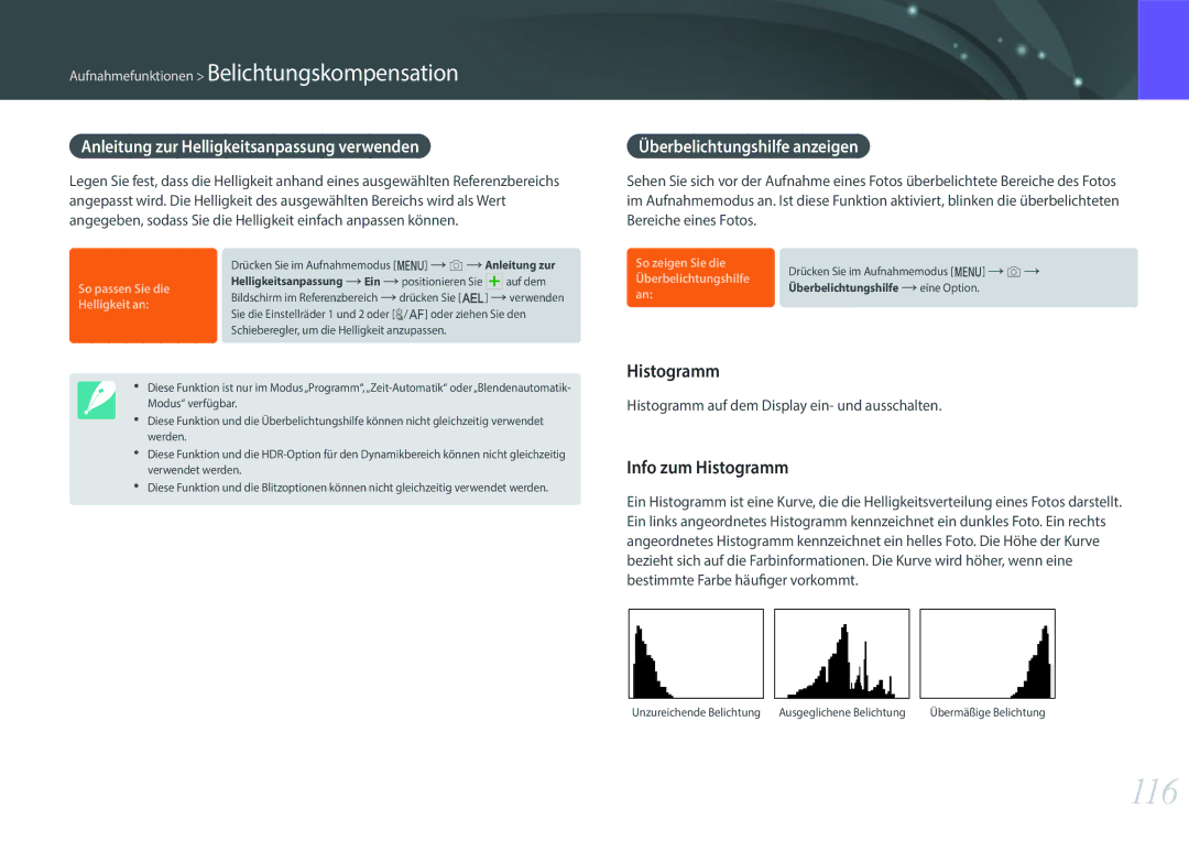 Samsung EV-NX500ZBMICH manual 116, Anleitung zur Helligkeitsanpassung verwenden, Überbelichtungshilfe anzeigen, Histogramm 