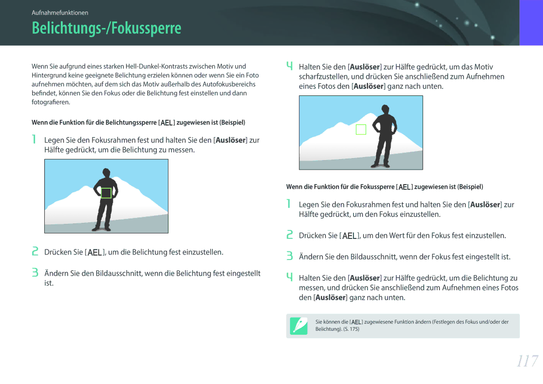 Samsung EV-NX500ZBMHFR, EV-NX500ZBMIFR, EV-NX500ZBNIDE, EV-NX500ZBMJDE, EV-NX500ZBMIDE manual Belichtungs-/Fokussperre, 117 