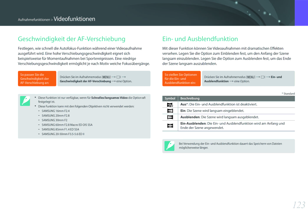 Samsung EV-NX500ZBMICH, EV-NX500ZBMIFR, EV-NX500ZBNIDE 123, Geschwindigkeit der AF-Verschiebung, Ein- und Ausblendfunktion 