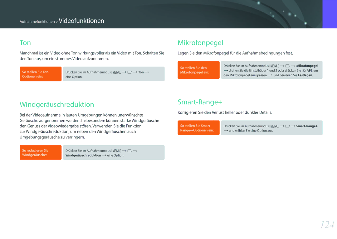 Samsung EV-NX500ZBMHFR, EV-NX500ZBMIFR, EV-NX500ZBNIDE manual 124, Ton, Mikrofonpegel, Windgeräuschreduktion, Smart-Range+ 