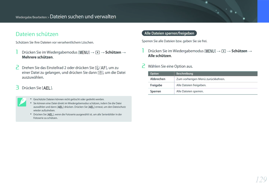 Samsung EV-NX500ZBMHDE, EV-NX500ZBMIFR manual 129, Dateien schützen, Mehrere schützen, Alle Dateien sperren/freigeben 