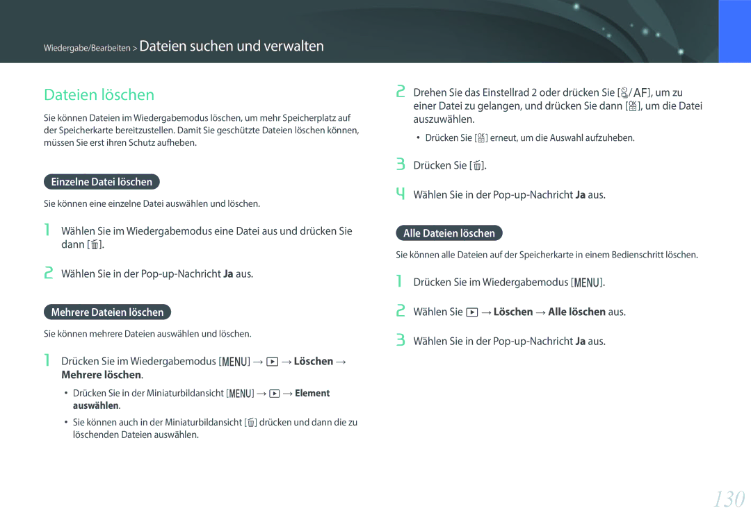Samsung EV-NX500ZBMICH, EV-NX500ZBMIFR, EV-NX500ZBNIDE, EV-NX500ZBMJDE 130, Einzelne Datei löschen, Alle Dateien löschen 