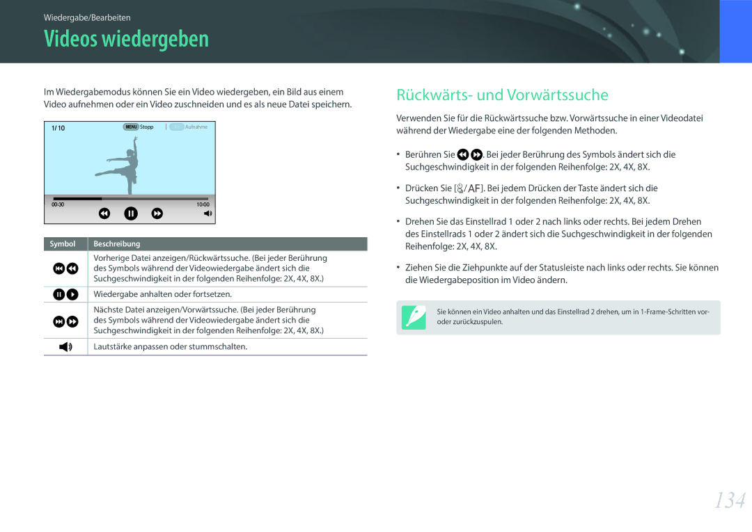 Samsung EV-NX500ZBMJDE, EV-NX500ZBMIFR, EV-NX500ZBNIDE, EV-NX500ZBMIDE Videos wiedergeben, 134, Rückwärts- und Vorwärtssuche 