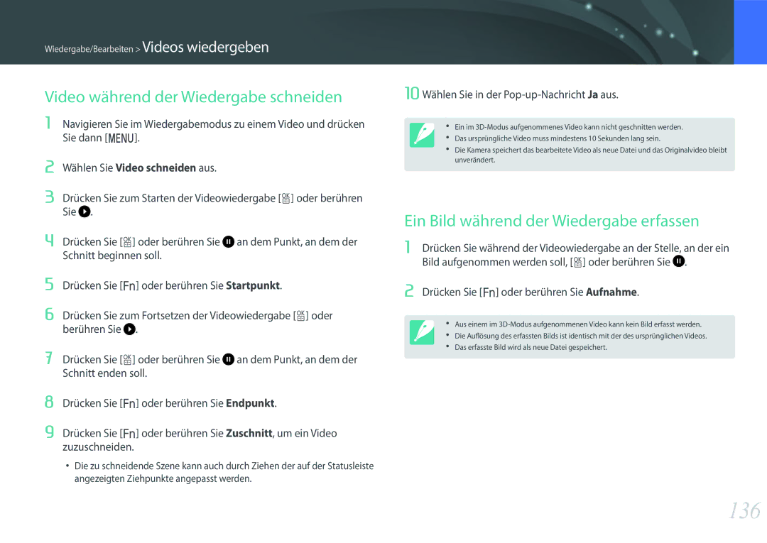 Samsung EV-NX500ZBMHDE manual 136, Video während der Wiedergabe schneiden, Ein Bild während der Wiedergabe erfassen 