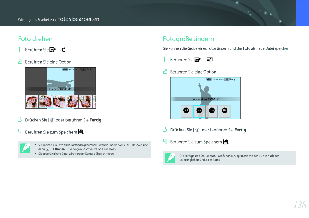 Samsung EV-NX500ZBMHFR, EV-NX500ZBMIFR, EV-NX500ZBNIDE manual 138, Foto drehen, Fotogröße ändern, Berühren Sie eine Option 