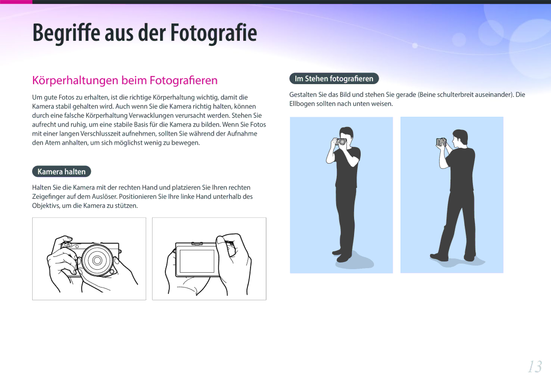 Samsung EV-NX500ZBMIFR, EV-NX500ZBNIDE, EV-NX500ZBMJDE, EV-NX500ZBMIDE, EV-NX500ZBMHDE Kamera halten, Im Stehen fotografieren 