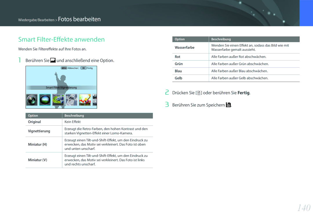 Samsung EV-NX500ZBNIDE, EV-NX500ZBMIFR manual 140, Smart Filter-Effekte anwenden, Wenden Sie Filtereffekte auf Ihre Fotos an 