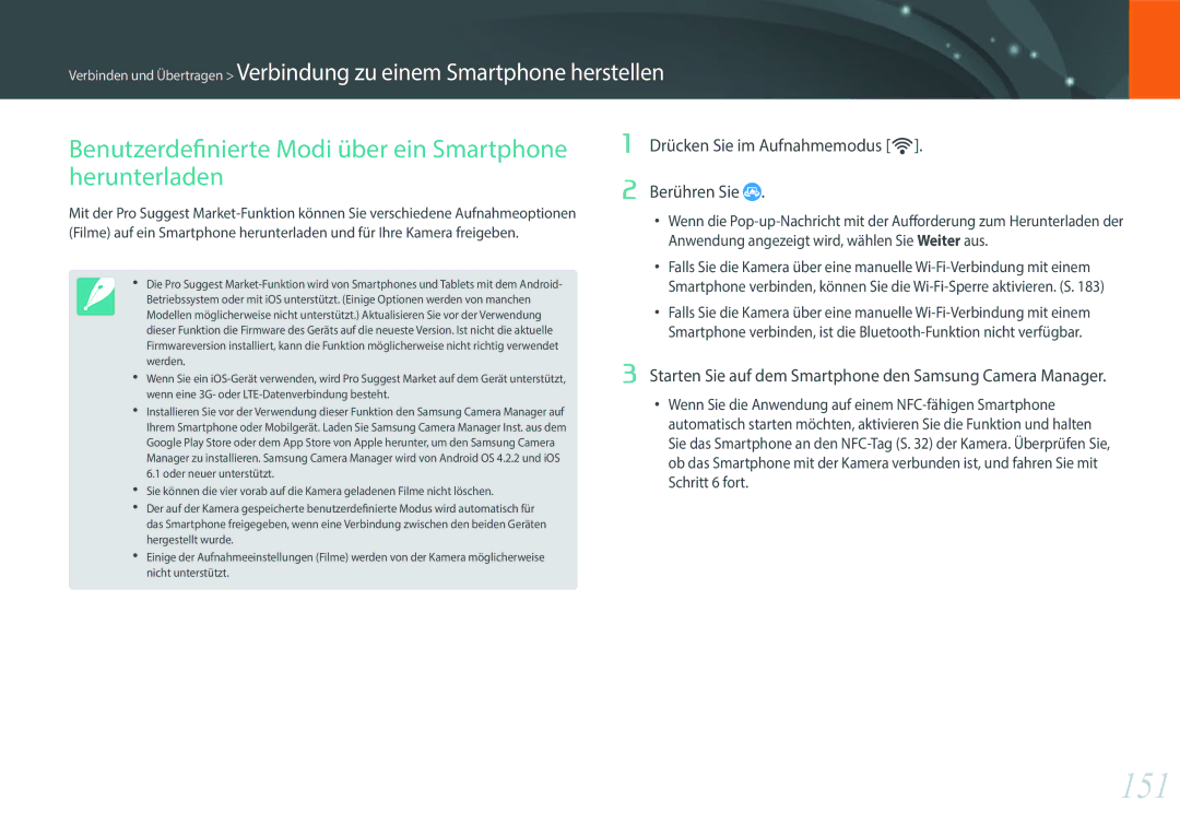 Samsung EV-NX500ZBMICH, EV-NX500ZBMIFR, EV-NX500ZBNIDE manual 151, Benutzerdefinierte Modi über ein Smartphone herunterladen 