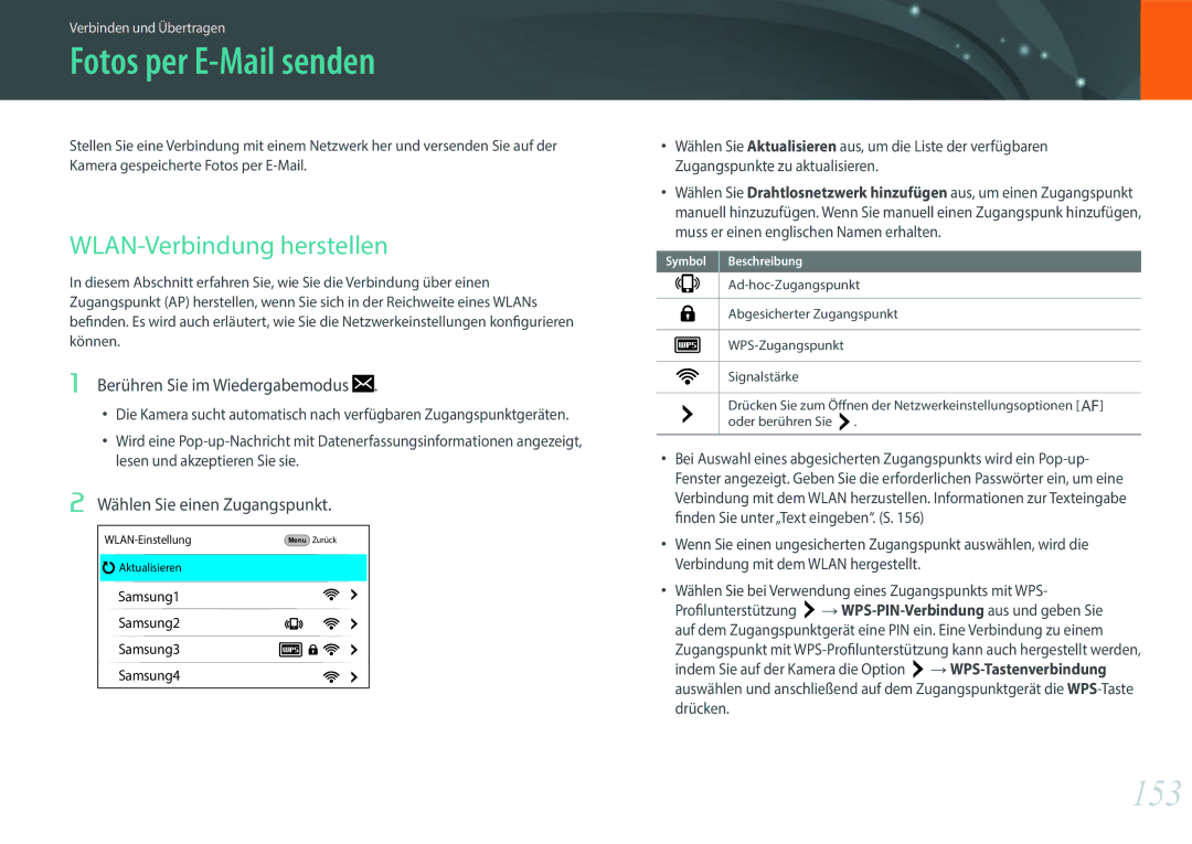Samsung EV-NX500ZBMIFR manual Fotos per E-Mail senden, 153, WLAN-Verbindung herstellen, Berühren Sie im Wiedergabemodus 