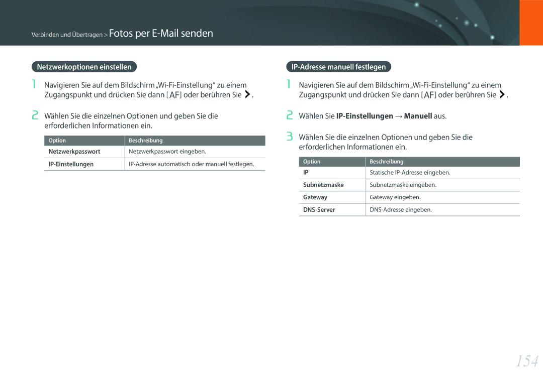 Samsung EV-NX500ZBNIDE, EV-NX500ZBMIFR, EV-NX500ZBMJDE manual 154, Netzwerkoptionen einstellen, IP-Adresse manuell festlegen 