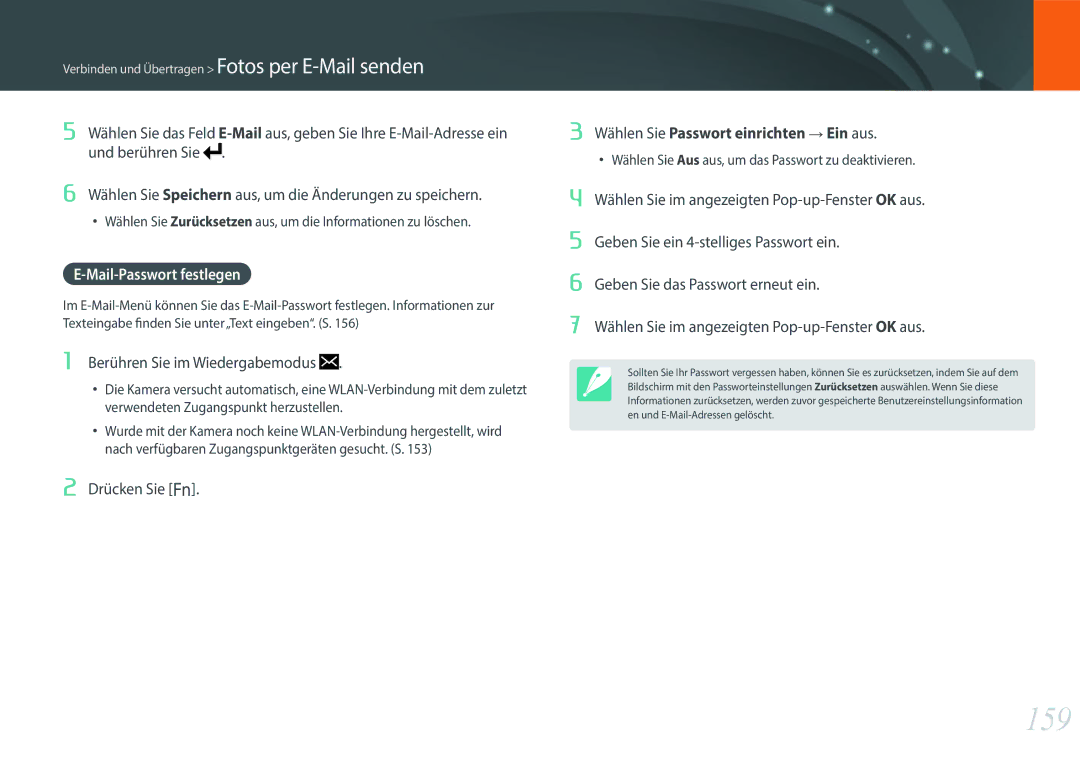 Samsung EV-NX500ZBMHFR manual 159, Und berühren Sie, Mail-Passwort festlegen, Geben Sie ein 4-stelliges Passwort ein 