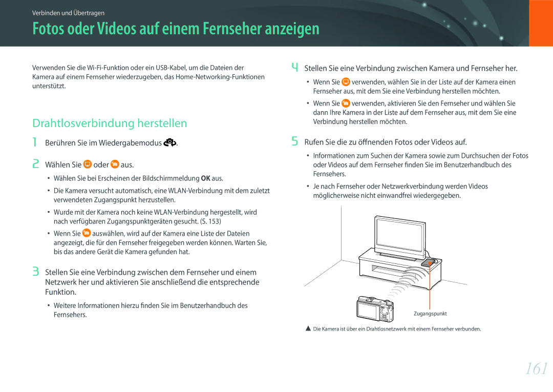 Samsung EV-NX500ZBNIDE, EV-NX500ZBMIFR Fotos oder Videos auf einem Fernseher anzeigen, 161, Drahtlosverbindung herstellen 