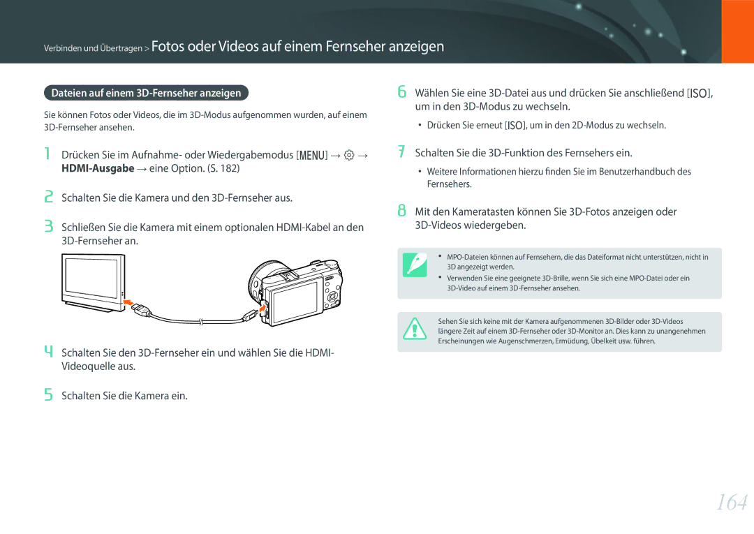 Samsung EV-NX500ZBMHDE, EV-NX500ZBMIFR, EV-NX500ZBNIDE, EV-NX500ZBMJDE manual 164, Dateien auf einem 3D-Fernseher anzeigen 