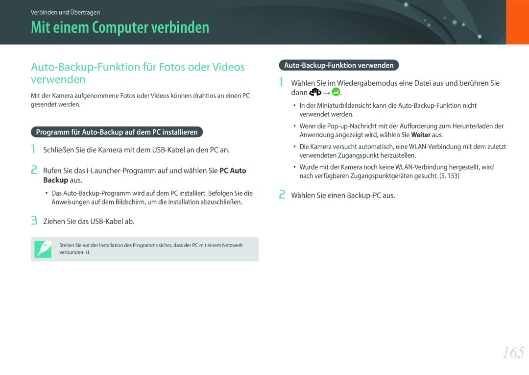 Samsung EV-NX500ZBMICH, EV-NX500ZBMIFR manual 165, Auto-Backup-Funktion für Fotos oder Videos verwenden, Backup aus 