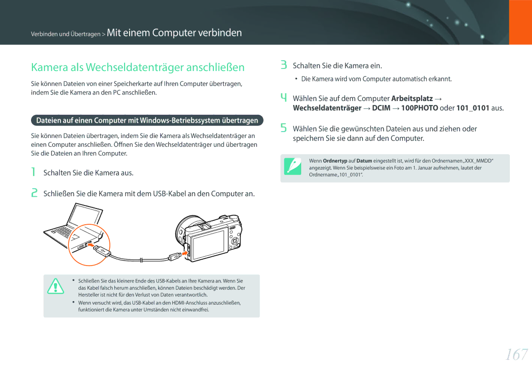 Samsung EV-NX500ZBMIFR, EV-NX500ZBNIDE, EV-NX500ZBMJDE, EV-NX500ZBMIDE manual 167, Kamera als Wechseldatenträger anschließen 