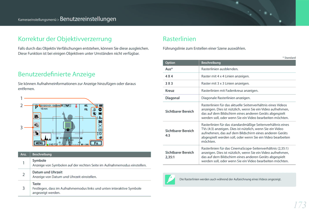 Samsung EV-NX500ZBMHFR, EV-NX500ZBMIFR 173, Korrektur der Objektivverzerrung, Benutzerdefinierte Anzeige, Rasterlinien 