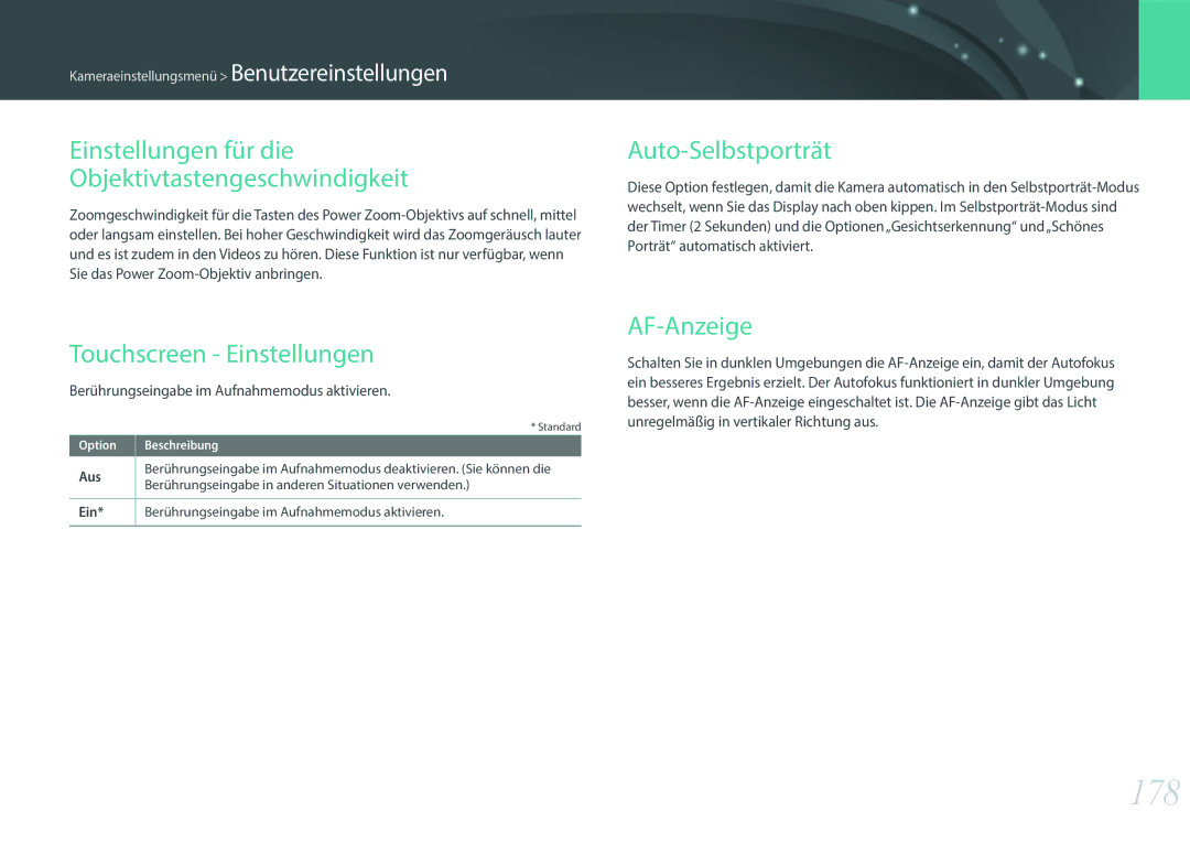 Samsung EV-NX500ZBMHDE manual 178, Einstellungen für die Objektivtastengeschwindigkeit, Auto-Selbstporträt, AF-Anzeige 