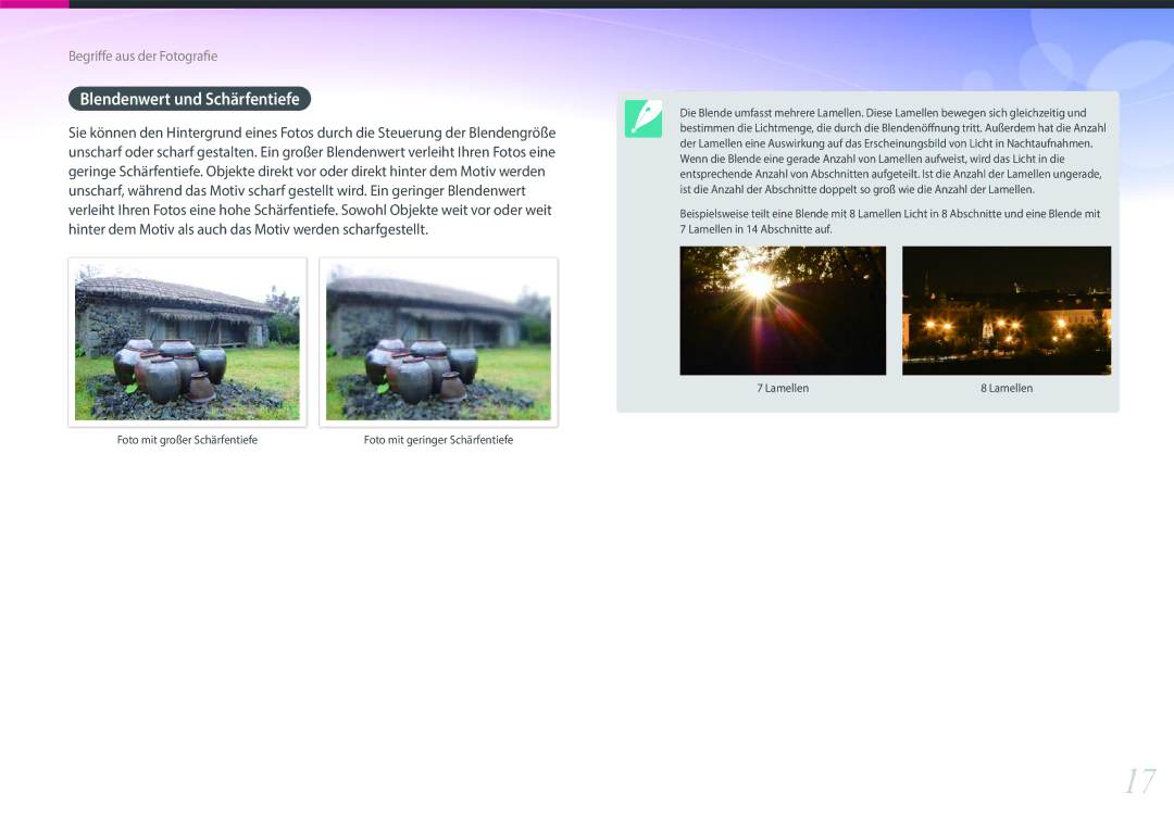 Samsung EV-NX500ZBMHDE, EV-NX500ZBMIFR, EV-NX500ZBNIDE manual Blendenwert und Schärfentiefe, Foto mit großer Schärfentiefe 