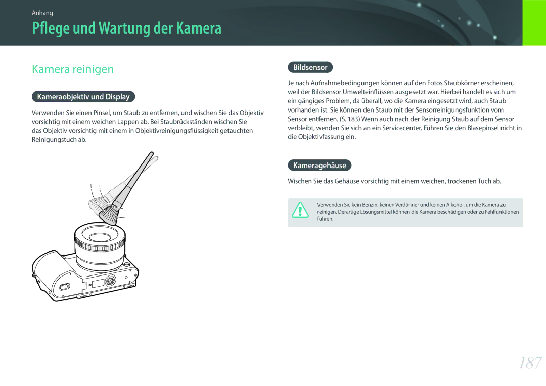 Samsung EV-NX500ZBMHFR, EV-NX500ZBMIFR manual 187, Kamera reinigen, Kameraobjektiv und Display, Bildsensor, Kameragehäuse 