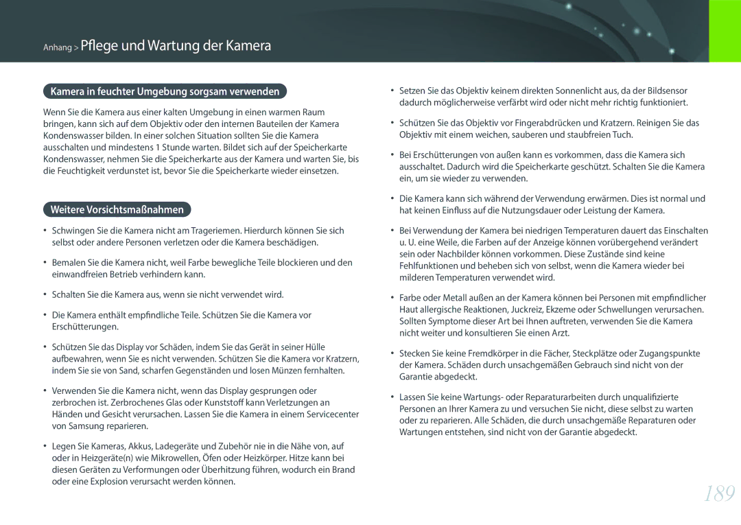 Samsung EV-NX500ZBNIDE, EV-NX500ZBMIFR manual 189, Kamera in feuchter Umgebung sorgsam verwenden, Weitere Vorsichtsmaßnahmen 